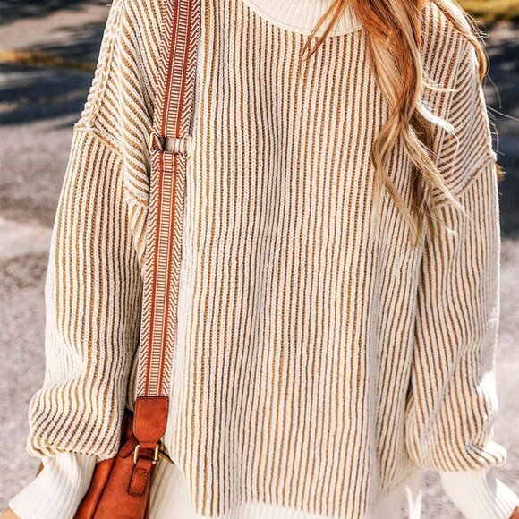 Casual Women's Striped Colorblock Loose Fit Round Neck Pullover Sweater top - Picture 3 of 8